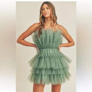 Mable Petal & Pup ELEGANT SAGE STRAPLESS RUFFLE TULLE MINI DRESS Size L